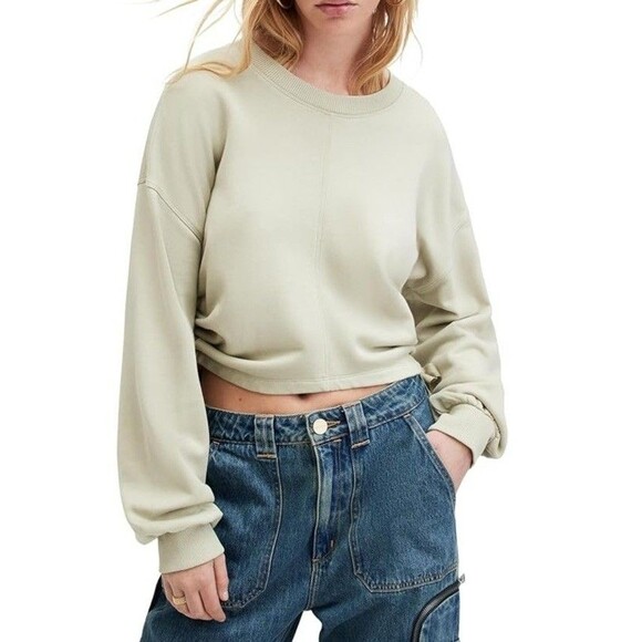 All Saints Mira Relaxed Fit Sweatshirt side Drawcords, muted green size small - Picture 1 of 14